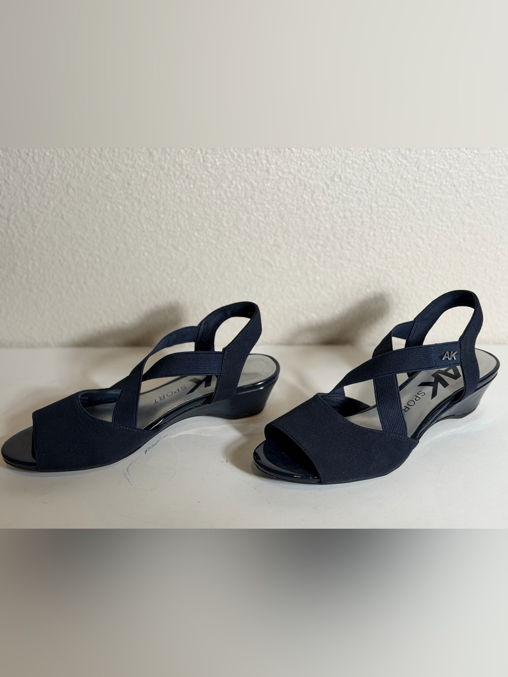 Anne Klein Sport~Navy~Elastic~Crisscross Strap~Peep Toe~Wedge~Sandal~Size 7